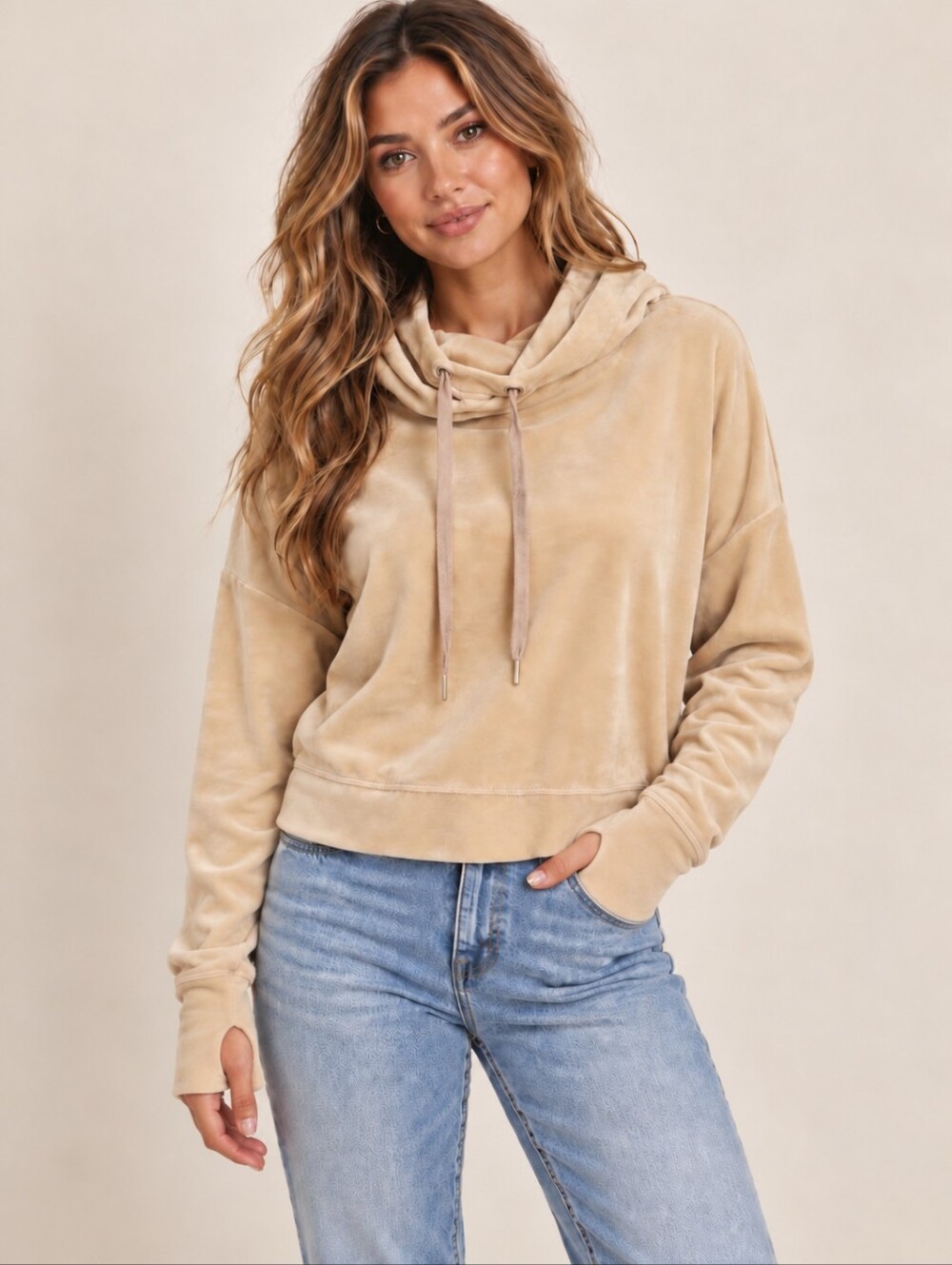 ❤️ AERIE OFFLINE DREAMY VELOUR CROPPED PULLOVER HOODIE IN BEACH
